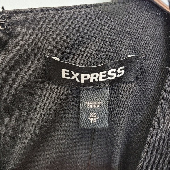 NWT EXPRESS Black Satin Cap Padded Shoulder Sleeve Ruched Dress XS - Picture 10 of 16